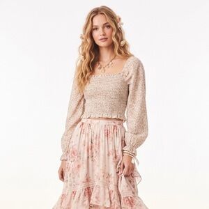 New Creme & Pastel Pink Floral Print SmockedLing Sleeve Cropped Top Size Small